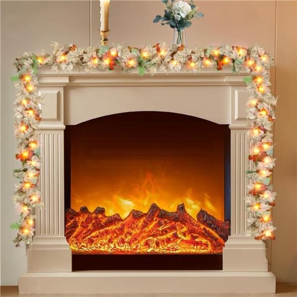 9Ft Fall Garland with Lights Plug in Fall Decorations for Home 50 White Bulbs - Picture 1 of 7